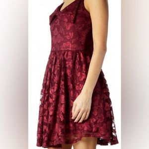 Maroon Red Lace Cocktail Dress with Bow